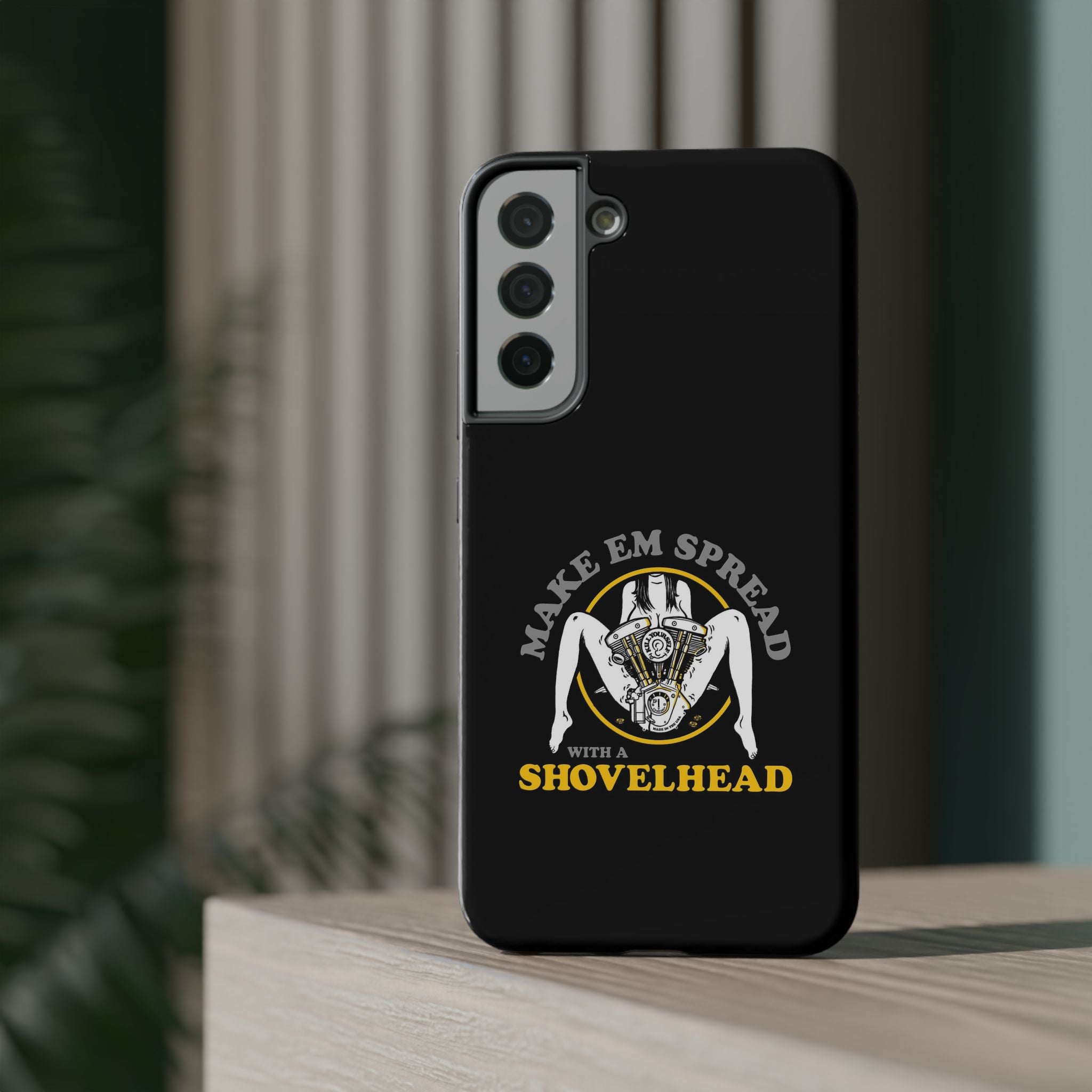 "Make 'Em Spread with a Shovelhead" phone case