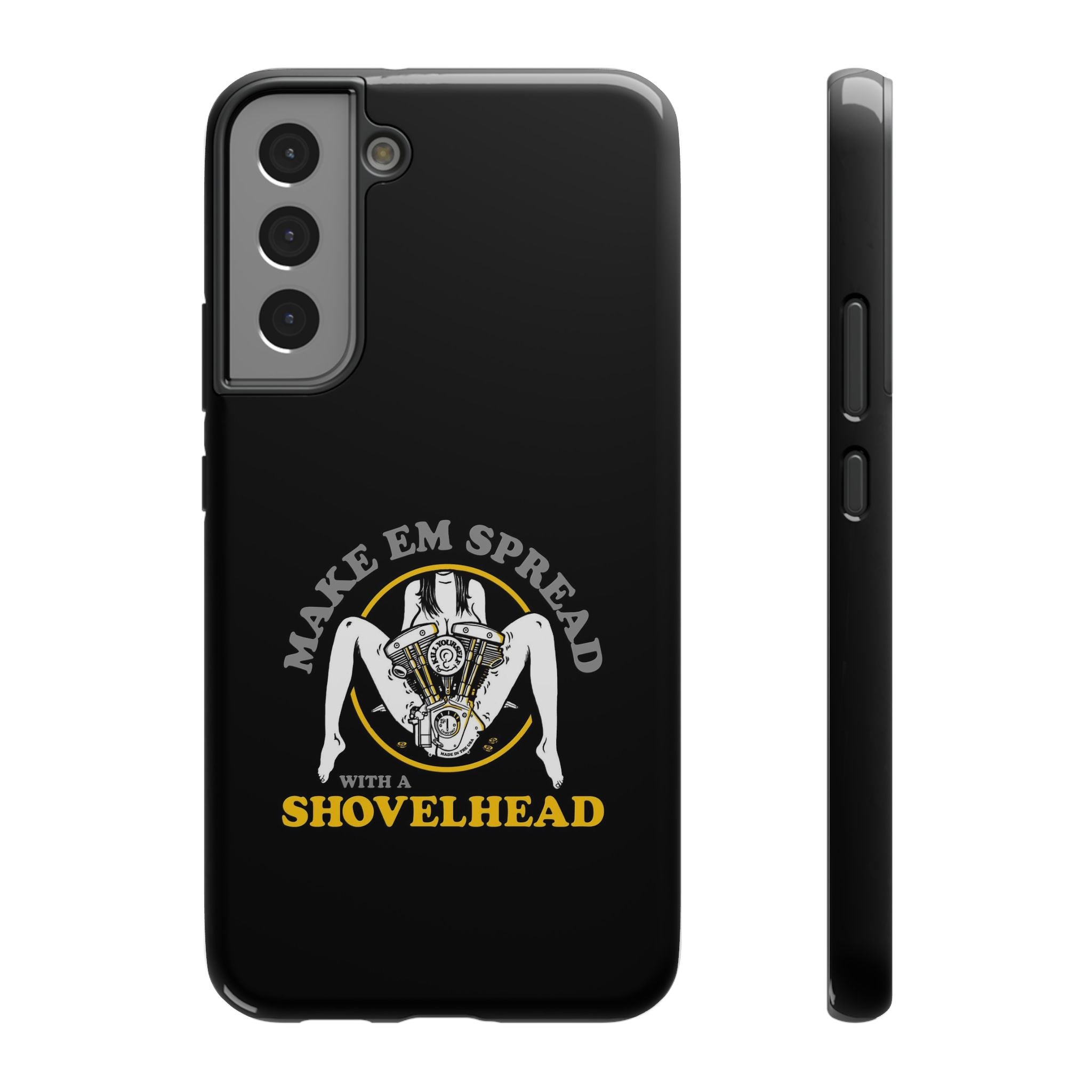 "Make 'Em Spread with a Shovelhead" phone case