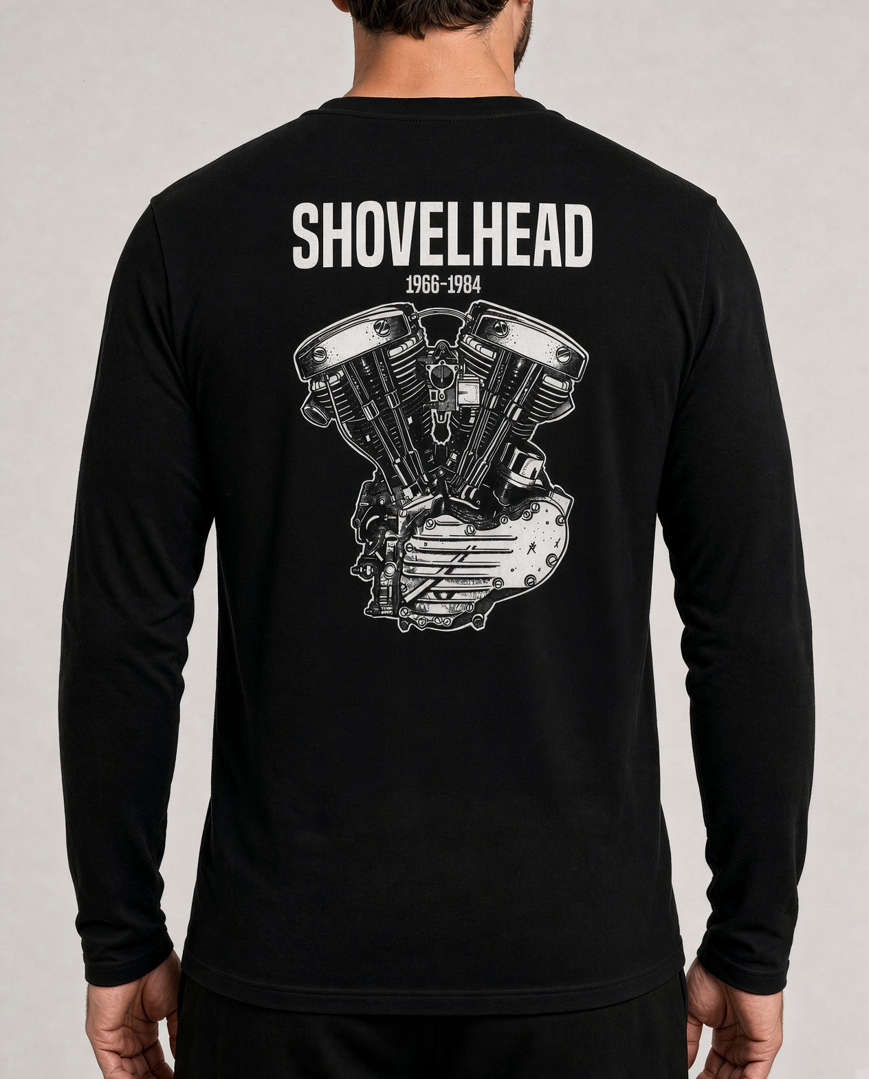 Shovelhead Engine Long Sleeve Tee — "Shovelhead" Motorcycle V-Twin Graphic