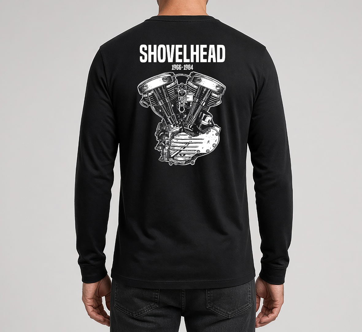 Shovelhead engine long sleeve tee, back view, white print on black
