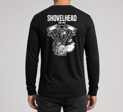 Shovelhead engine long sleeve tee, back view, white print on black
